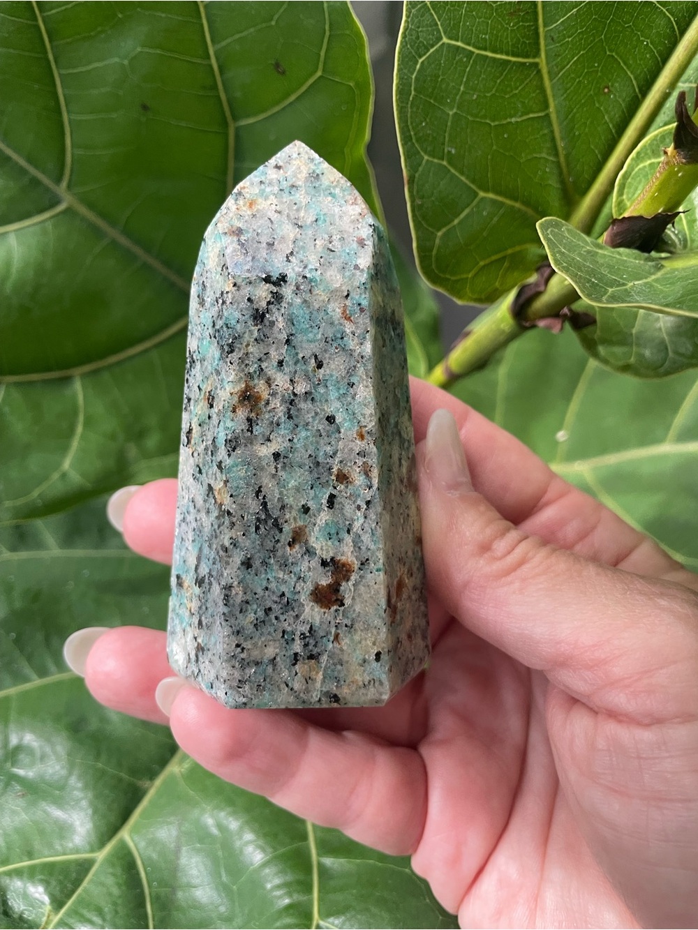 Garnet in Amazonite polished crystal tower